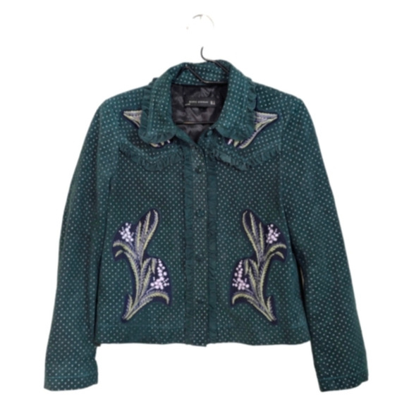 Zara Woman Green Lambskin Leather Suede Jacket Floral Button Collared Lined S - Picture 1 of 10